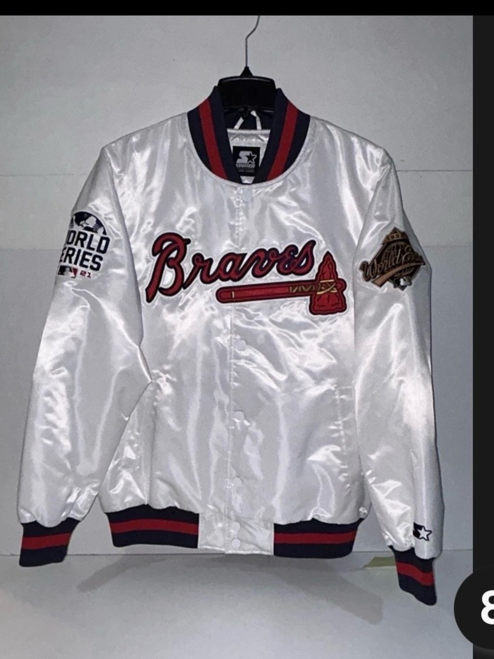 STARTER White Braves Satin Jacket with Red and Navy Trim World Series 2021, 1995